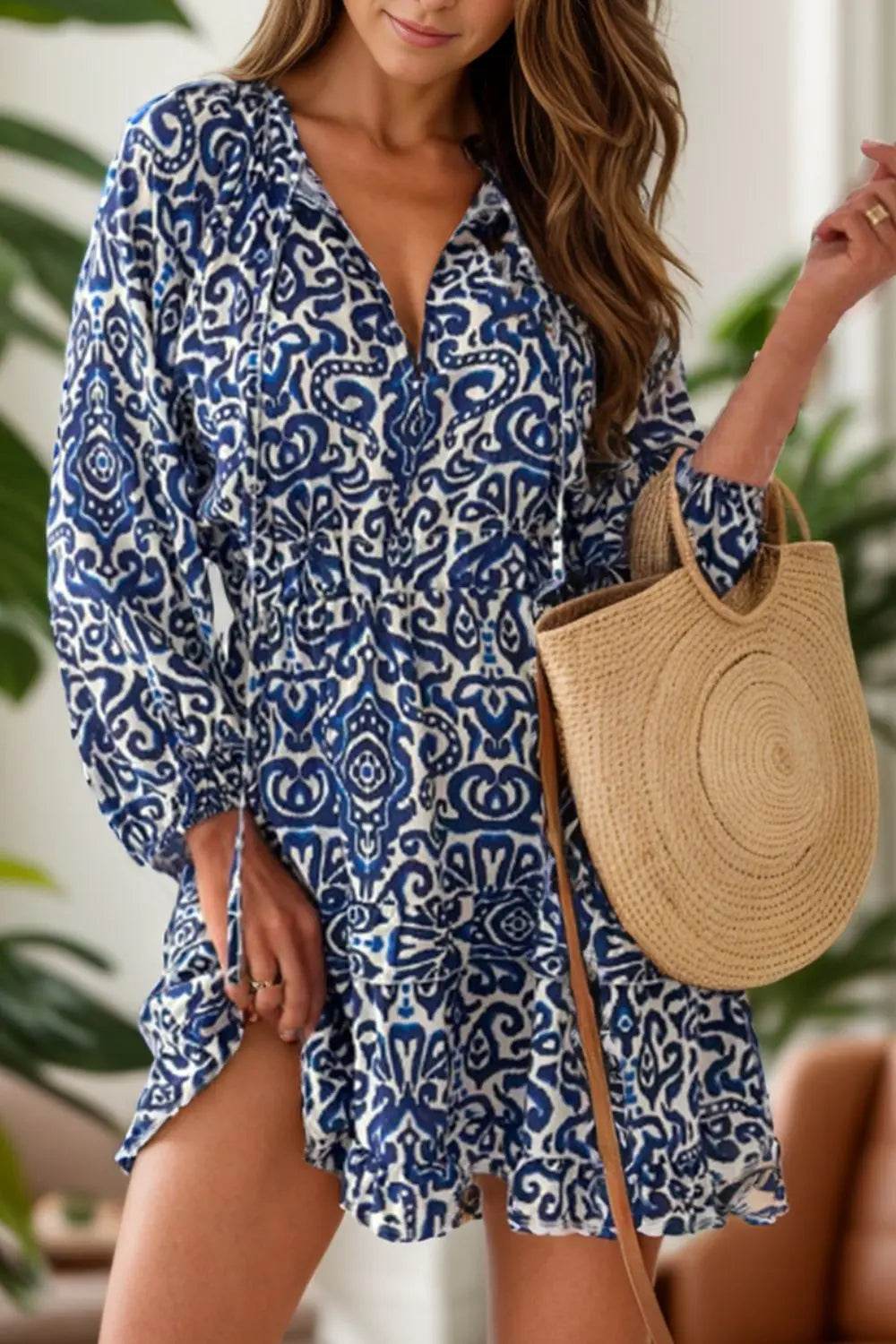 Printed Tie Neck Long Sleeve Dress - Velveta Studio