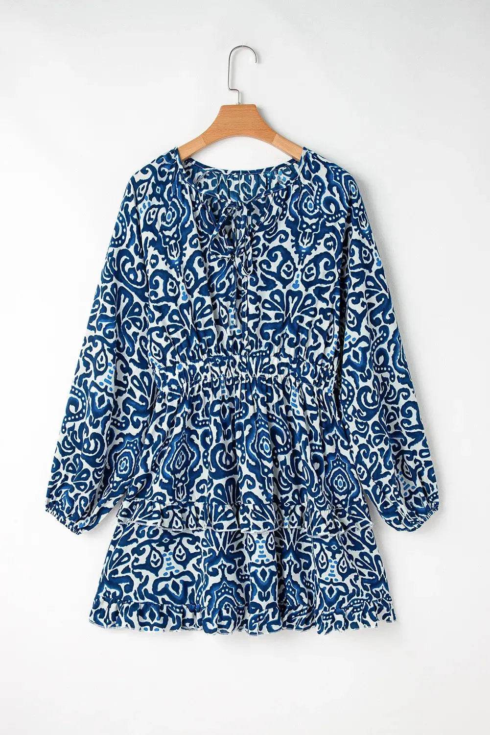 Printed Tie Neck Long Sleeve Dress - Velveta Studio