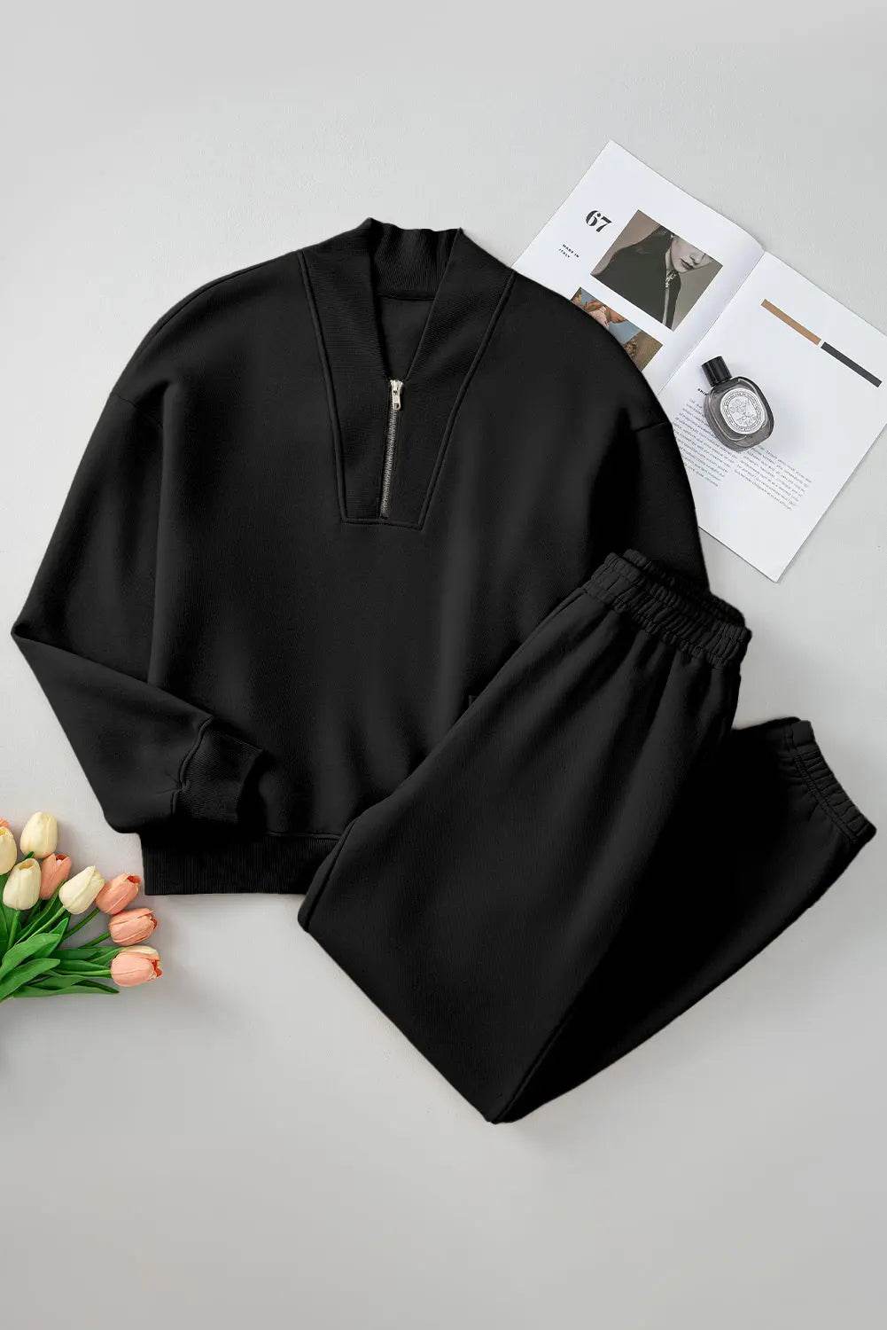 Quarter Zip Long Sleeve Top and Pants Set - Velveta Studio