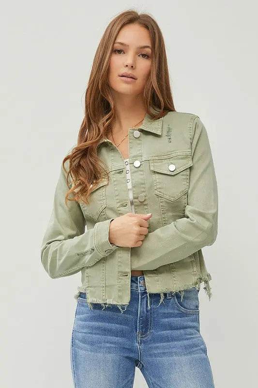 RISEN Full Size Raw Hem Button Up Cropped Denim Jacket Plus Size - Velveta Studio