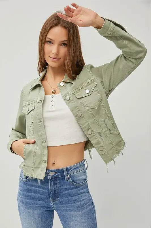 RISEN Full Size Raw Hem Button Up Cropped Denim Jacket Plus Size - Velveta Studio