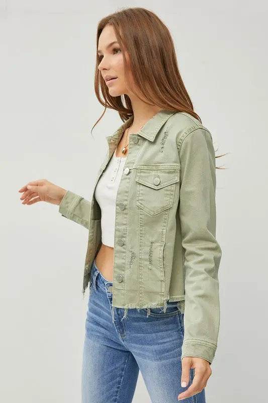 RISEN Full Size Raw Hem Button Up Cropped Denim Jacket Plus Size - Velveta Studio