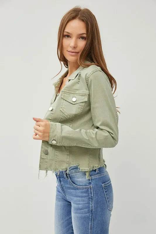 RISEN Full Size Raw Hem Button Up Cropped Denim Jacket Plus Size - Velveta Studio