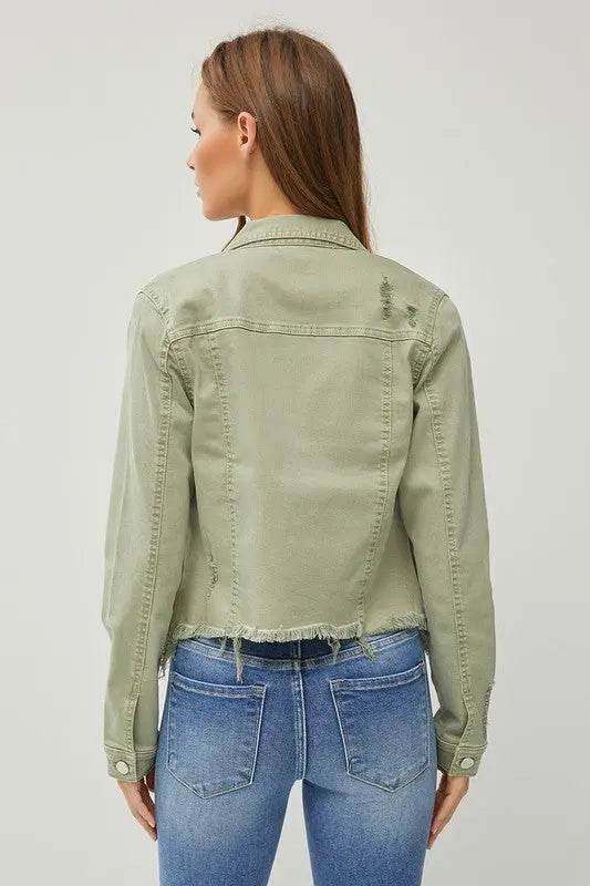 RISEN Full Size Raw Hem Button Up Cropped Denim Jacket Plus Size - Velveta Studio
