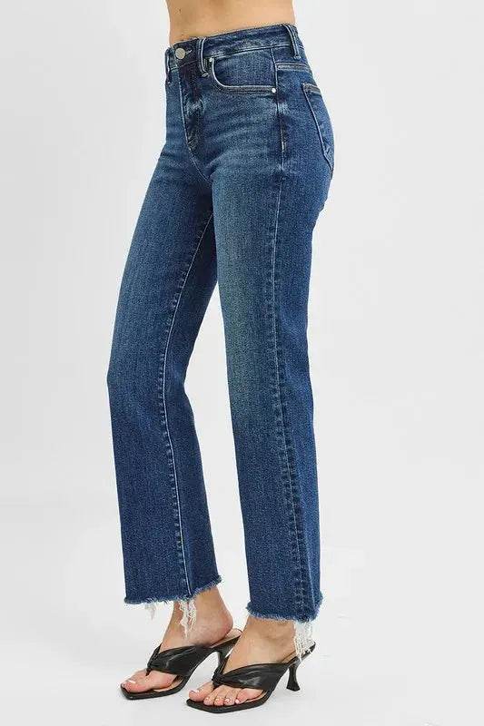 RISEN Tummy Control High Rise Crop Straight Raw Cut Hem Jeans - Velveta Studio