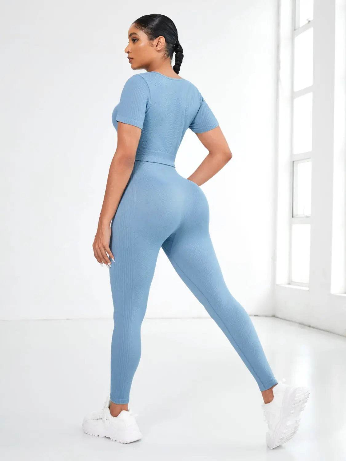 Round Neck Short Sleeve Top and Leggings Active Set - Velveta Studio