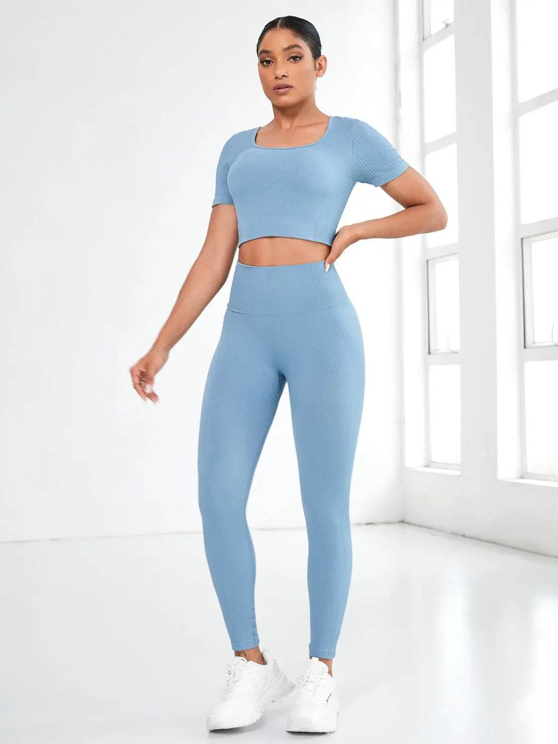 Round Neck Short Sleeve Top and Leggings Active Set - Velveta Studio