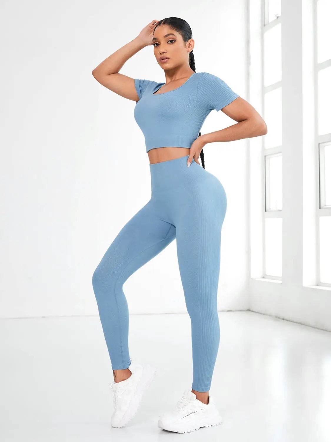Round Neck Short Sleeve Top and Leggings Active Set - Velveta Studio