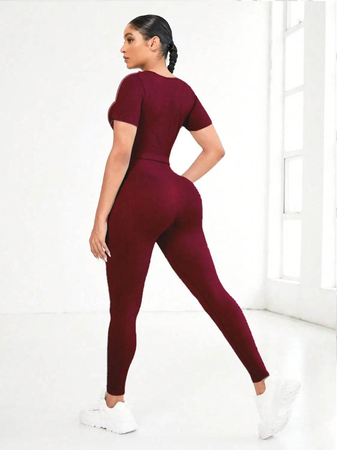 Round Neck Short Sleeve Top and Leggings Active Set - Velveta Studio