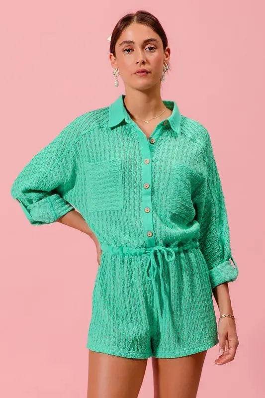 SO ME Textured Knit Button Front Romper - Velveta Studio