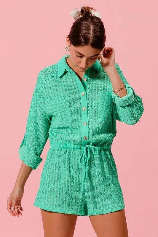 SO ME Textured Knit Button Front Romper - Velveta Studio