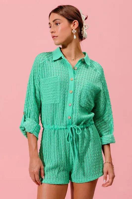 SO ME Textured Knit Button Front Romper - Velveta Studio