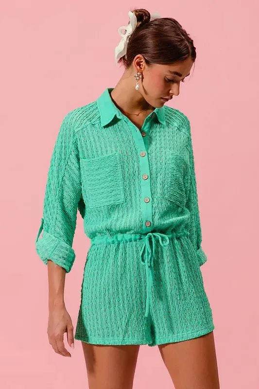 SO ME Textured Knit Button Front Romper - Velveta Studio