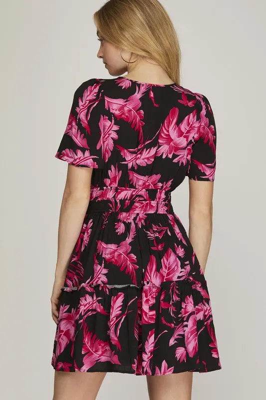 She + Sky Full Size Printed Notched Short Sleeve Frill Tiered Dress Plus Size - Velveta Studio