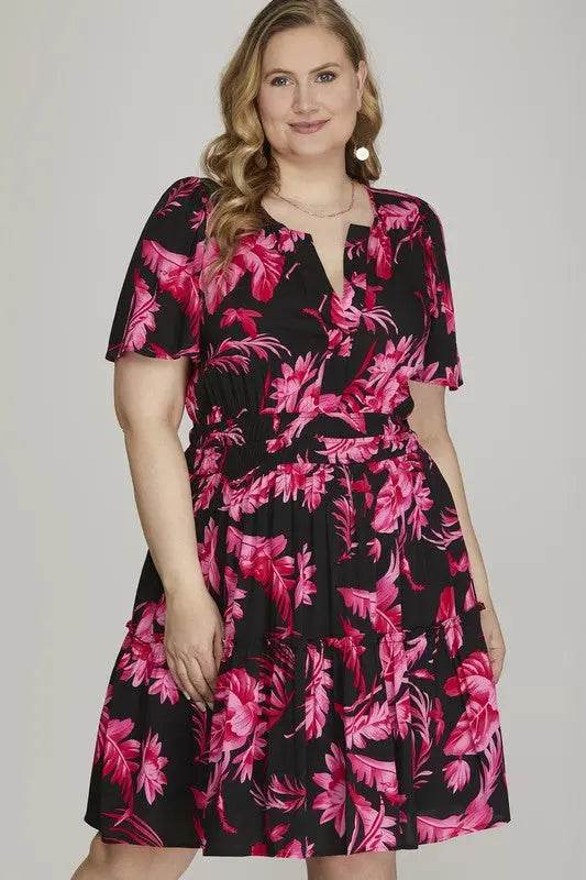 She + Sky Full Size Printed Notched Short Sleeve Frill Tiered Dress Plus Size - Velveta Studio
