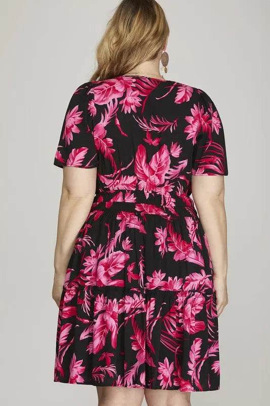 She + Sky Full Size Printed Notched Short Sleeve Frill Tiered Dress Plus Size - Velveta Studio