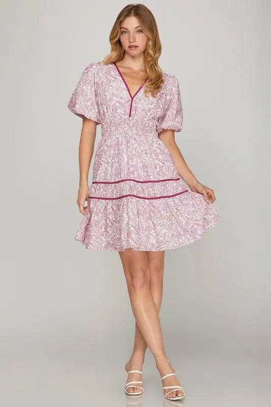 She + Sky Full Size Printed V-Neck Puff Sleeve Tiered Dress Plus Size - Velveta Studio