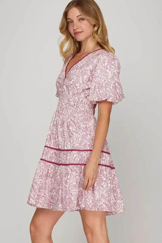 She + Sky Full Size Printed V-Neck Puff Sleeve Tiered Dress Plus Size - Velveta Studio