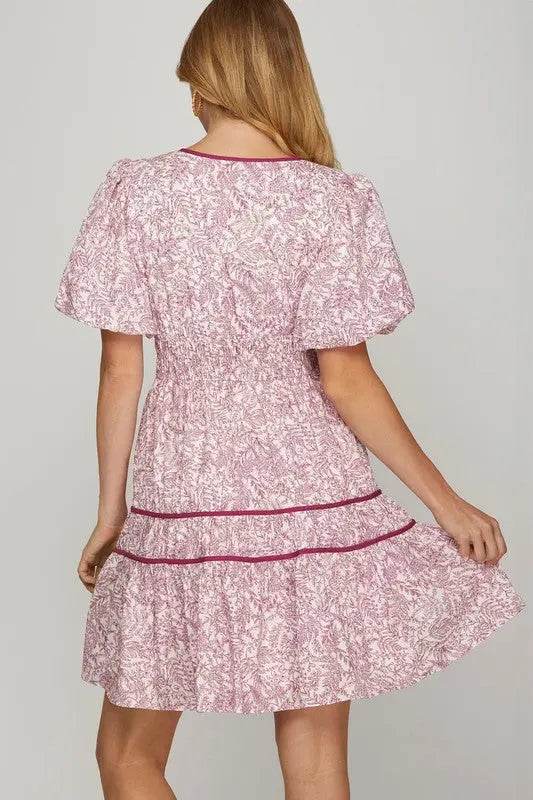 She + Sky Full Size Printed V-Neck Puff Sleeve Tiered Dress Plus Size - Velveta Studio