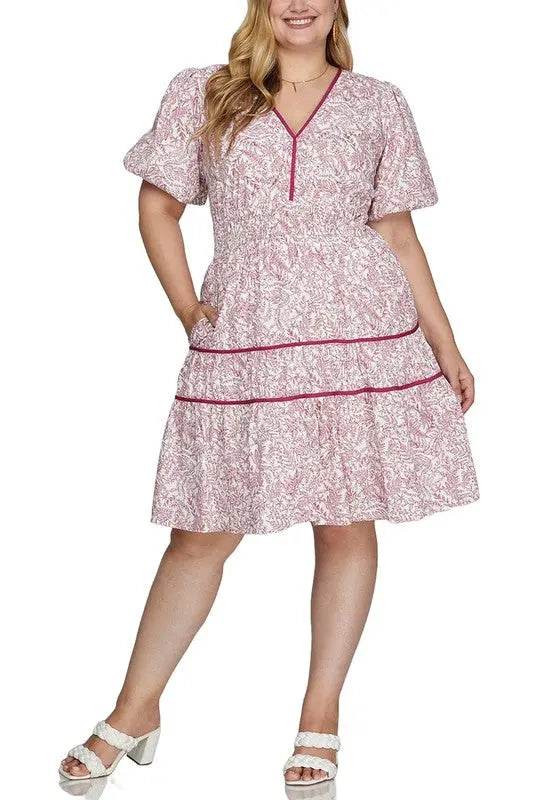 She + Sky Full Size Printed V-Neck Puff Sleeve Tiered Dress Plus Size - Velveta Studio