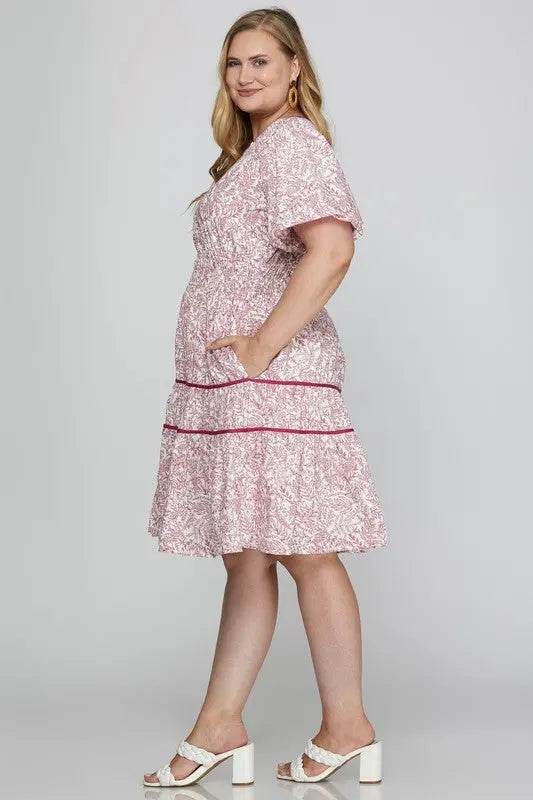 She + Sky Full Size Printed V-Neck Puff Sleeve Tiered Dress Plus Size - Velveta Studio