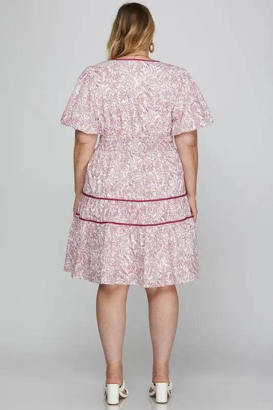 She + Sky Full Size Printed V-Neck Puff Sleeve Tiered Dress Plus Size - Velveta Studio