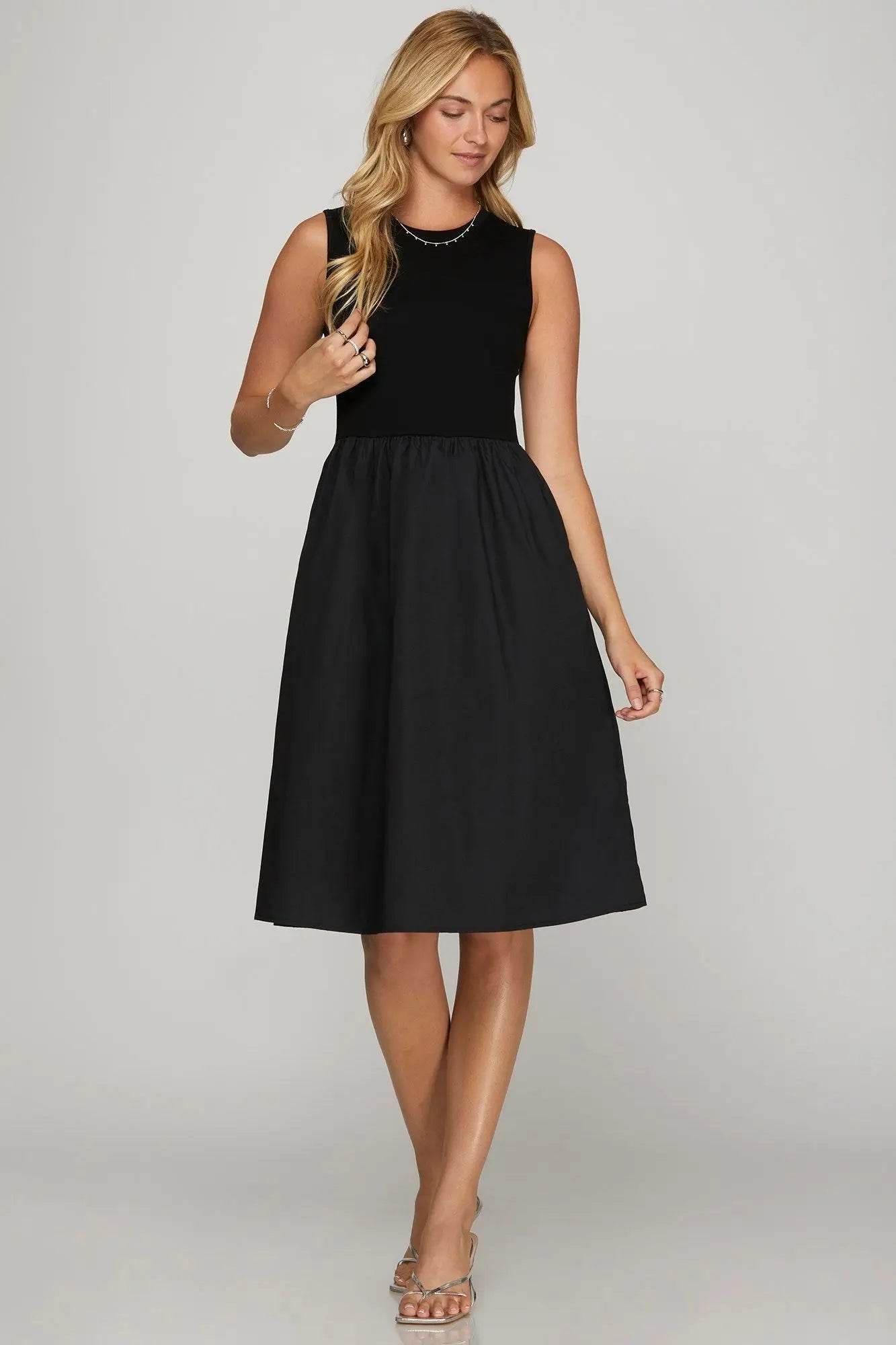 She + Sky Full Size Sleeveless Poplin Woven Midi Dress with Pockets Plus Size - Velveta Studio