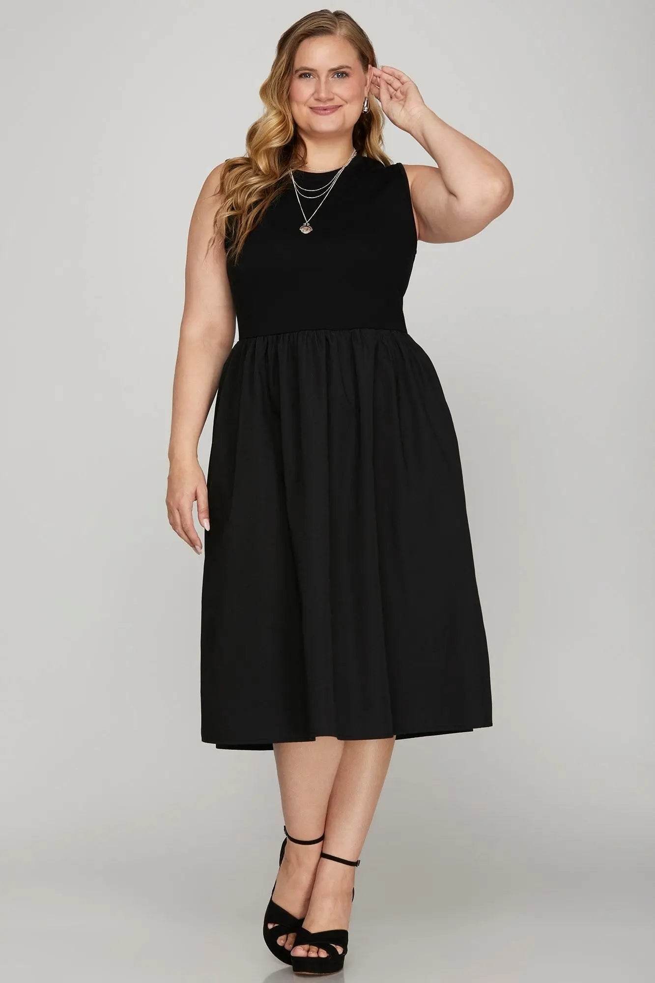 She + Sky Full Size Sleeveless Poplin Woven Midi Dress with Pockets Plus Size - Velveta Studio