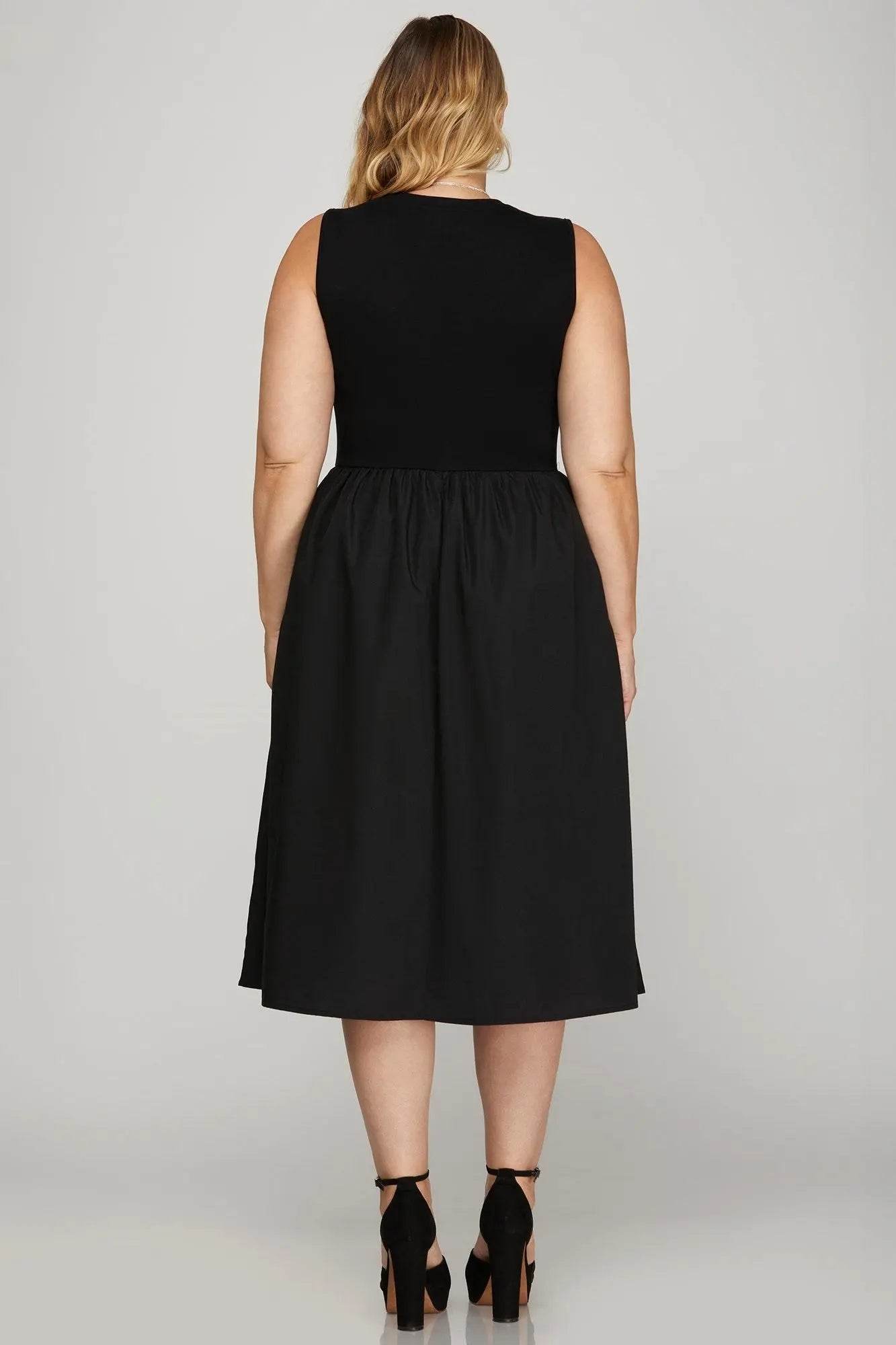 She + Sky Full Size Sleeveless Poplin Woven Midi Dress with Pockets Plus Size - Velveta Studio