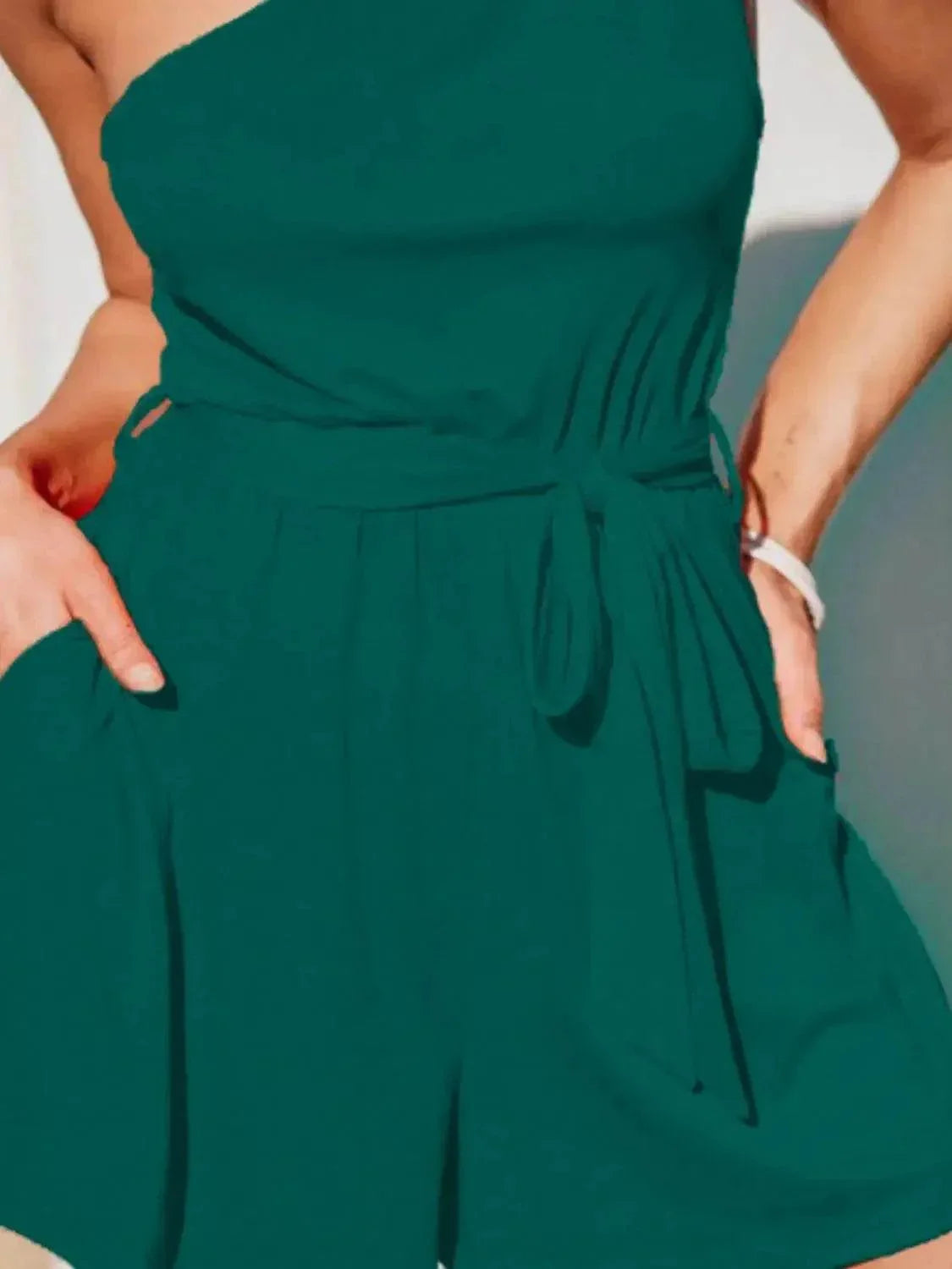 Single Shoulder Tie Waist Romper - Velveta Studio