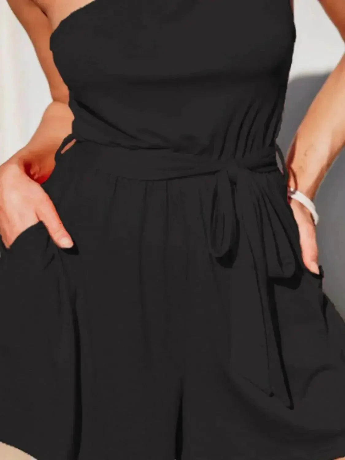 Single Shoulder Tie Waist Romper - Velveta Studio