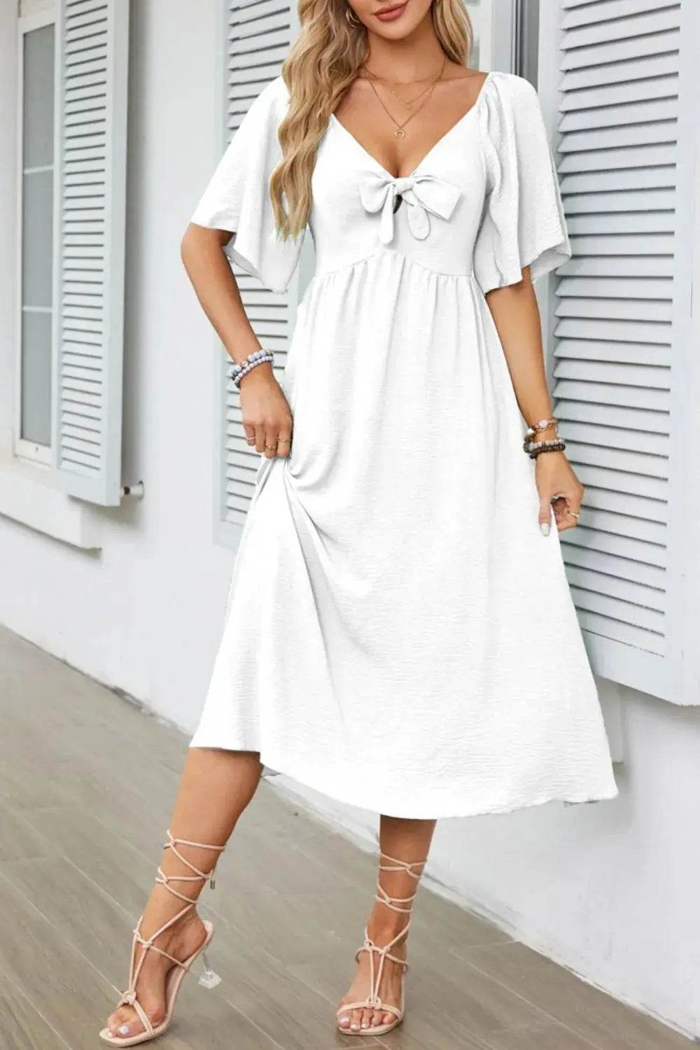 Smocked Tie Front Flutter Sleeve Midi Dress - Velveta Studio