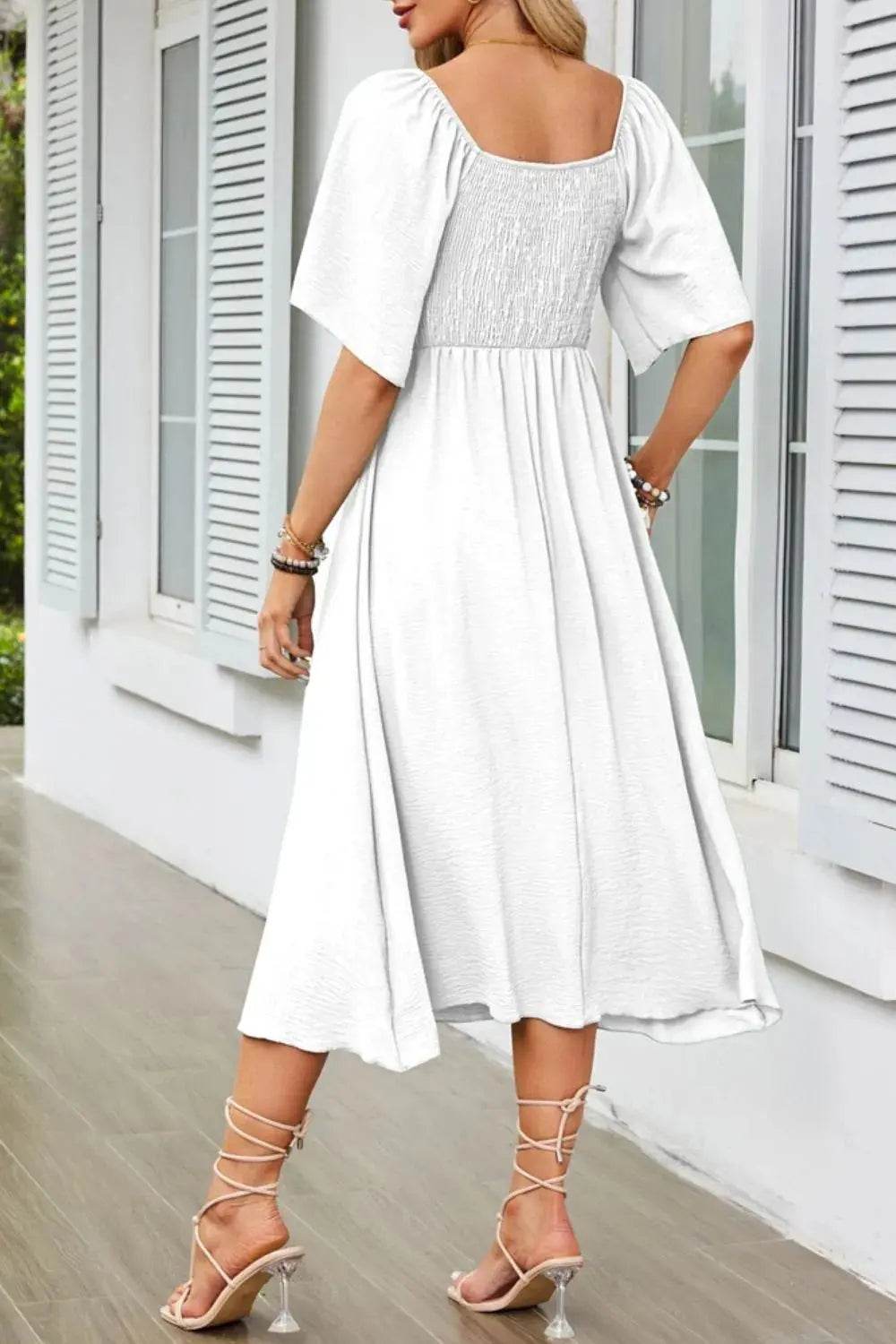 Smocked Tie Front Flutter Sleeve Midi Dress - Velveta Studio