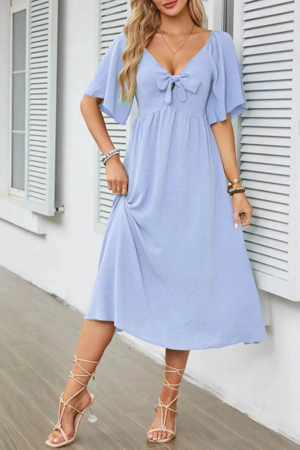 Smocked Tie Front Flutter Sleeve Midi Dress - Velveta Studio