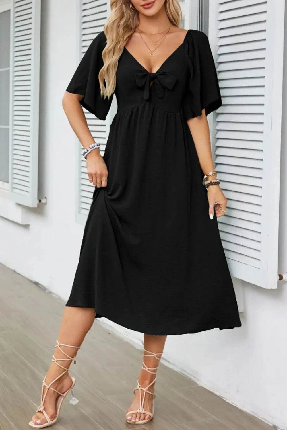 Smocked Tie Front Flutter Sleeve Midi Dress - Velveta Studio