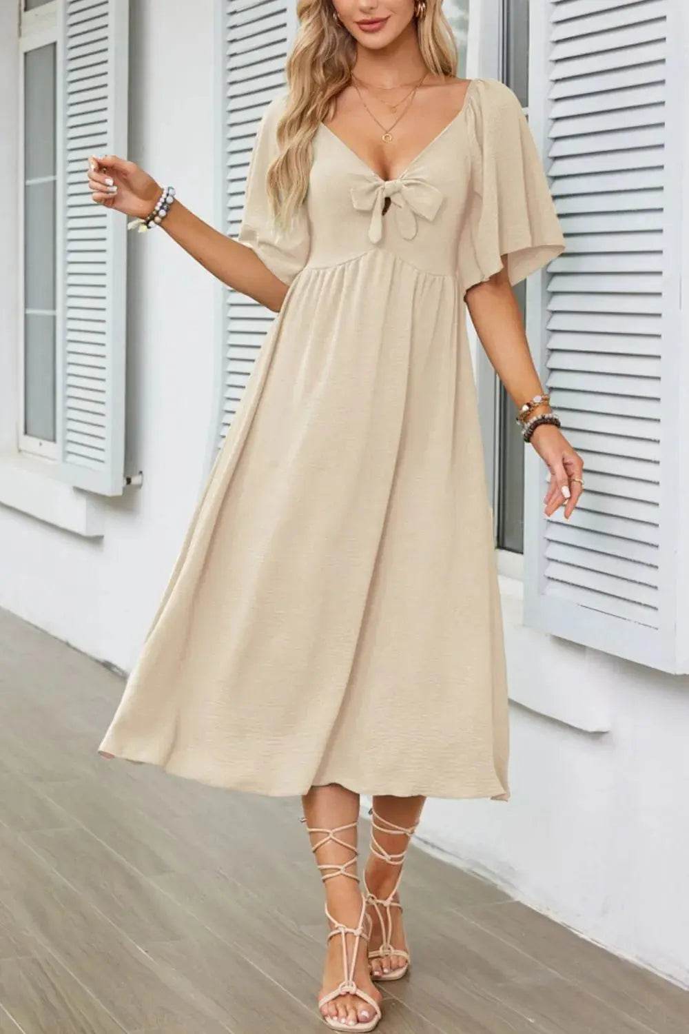 Smocked Tie Front Flutter Sleeve Midi Dress - Velveta Studio