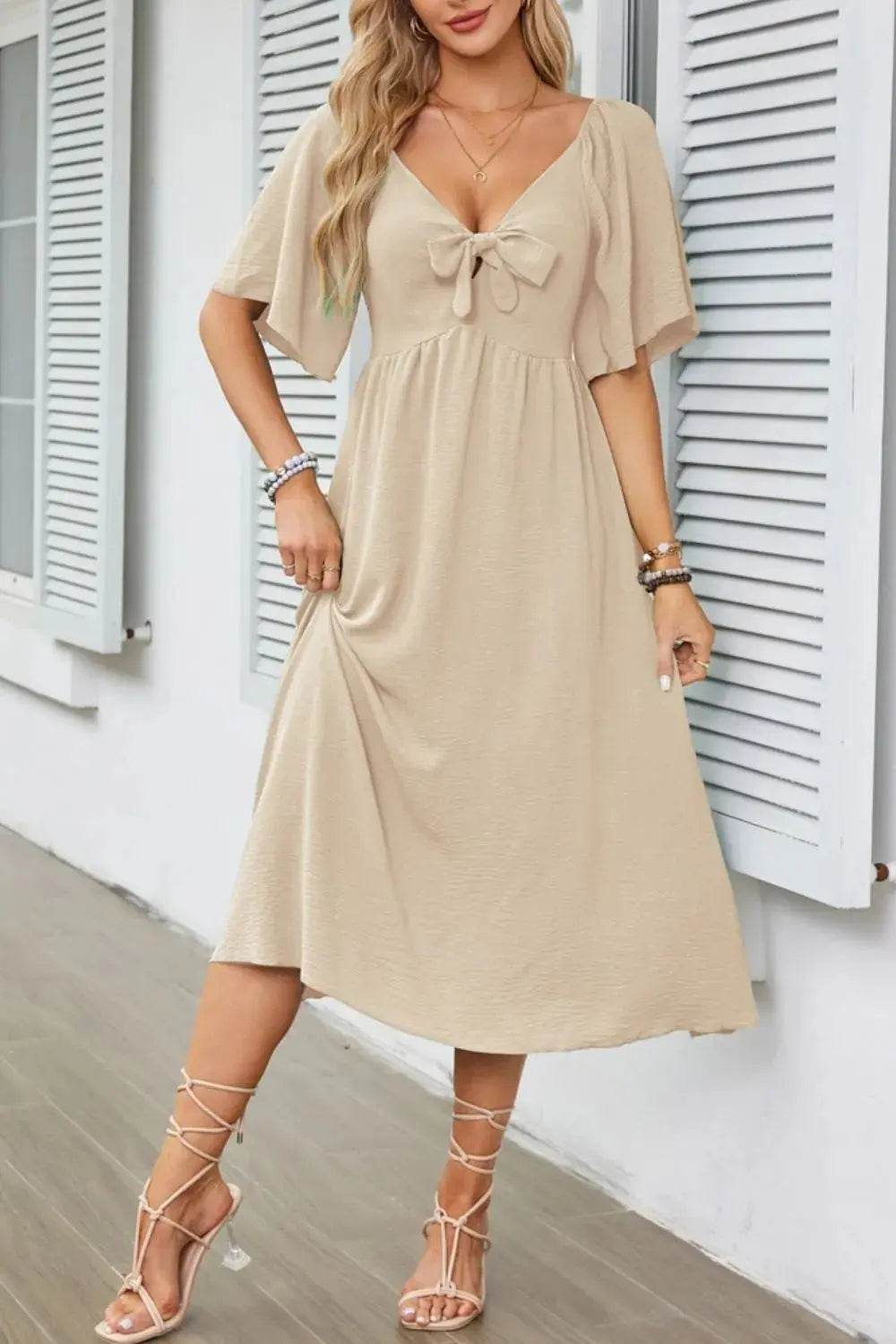 Smocked Tie Front Flutter Sleeve Midi Dress - Velveta Studio