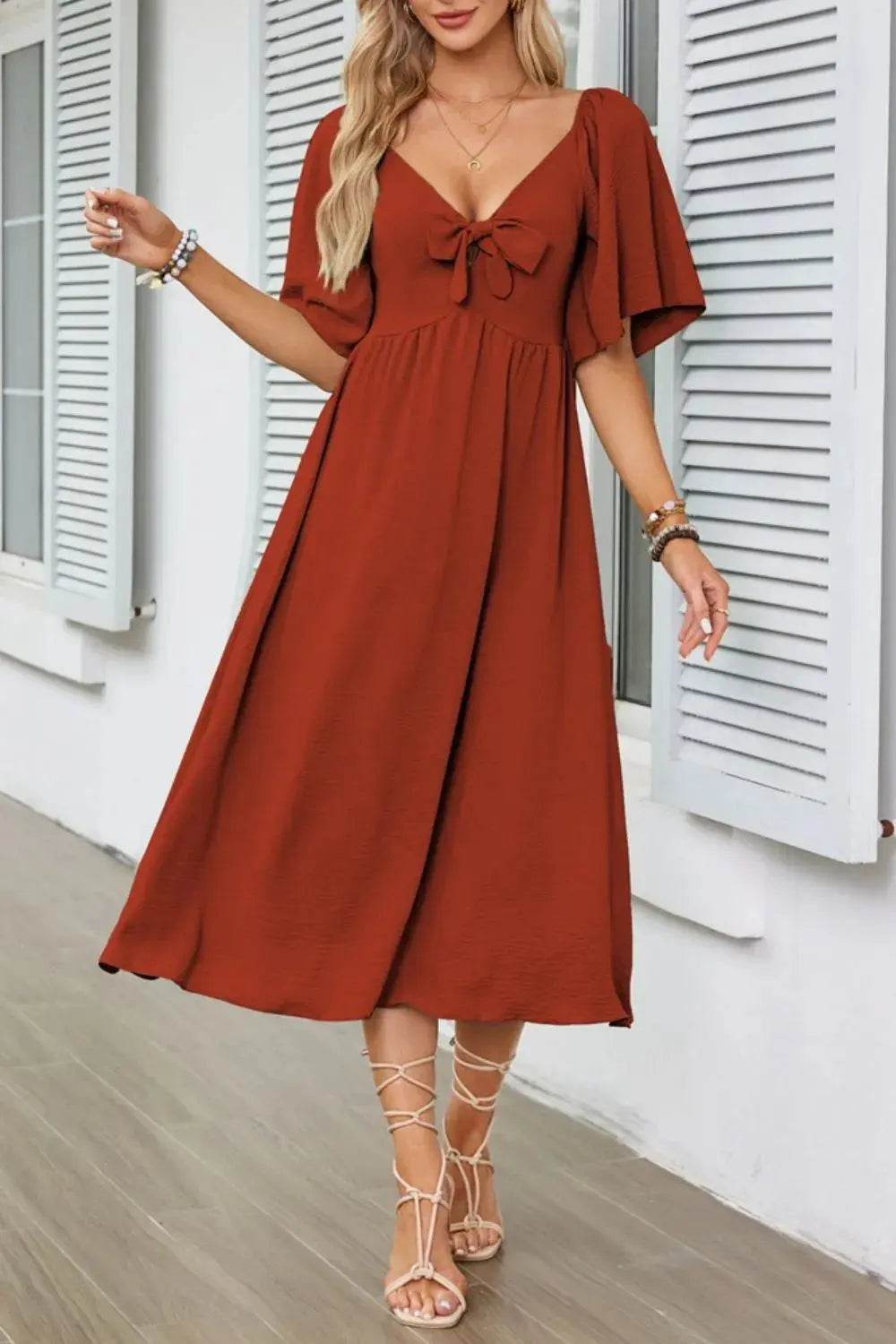 Smocked Tie Front Flutter Sleeve Midi Dress - Velveta Studio