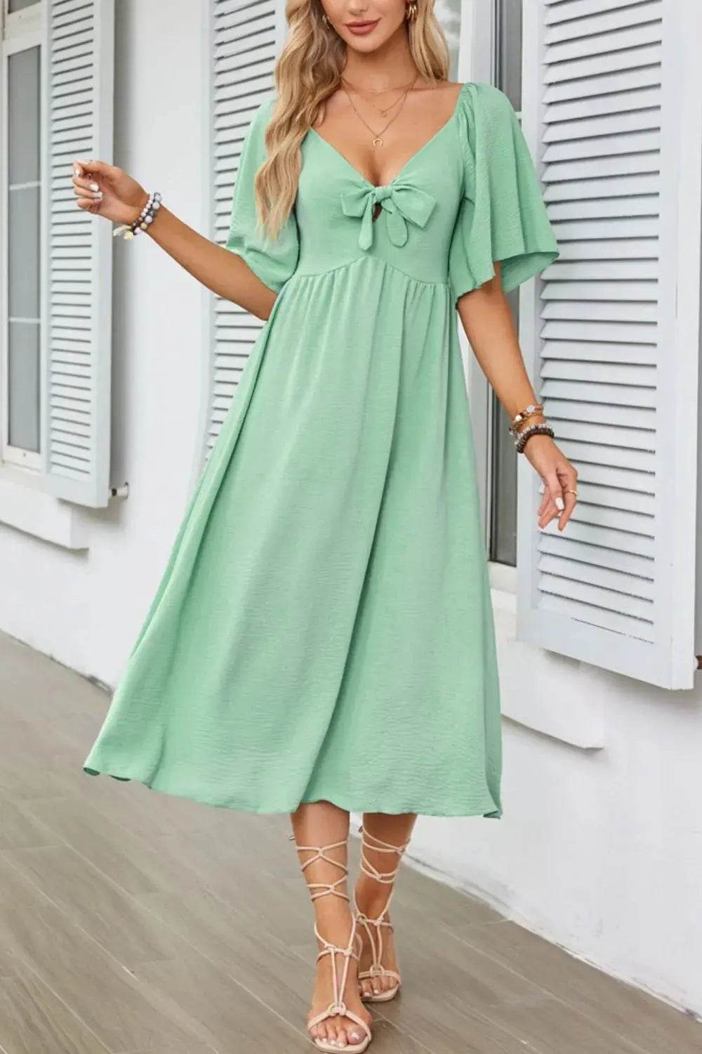Smocked Tie Front Flutter Sleeve Midi Dress - Velveta Studio