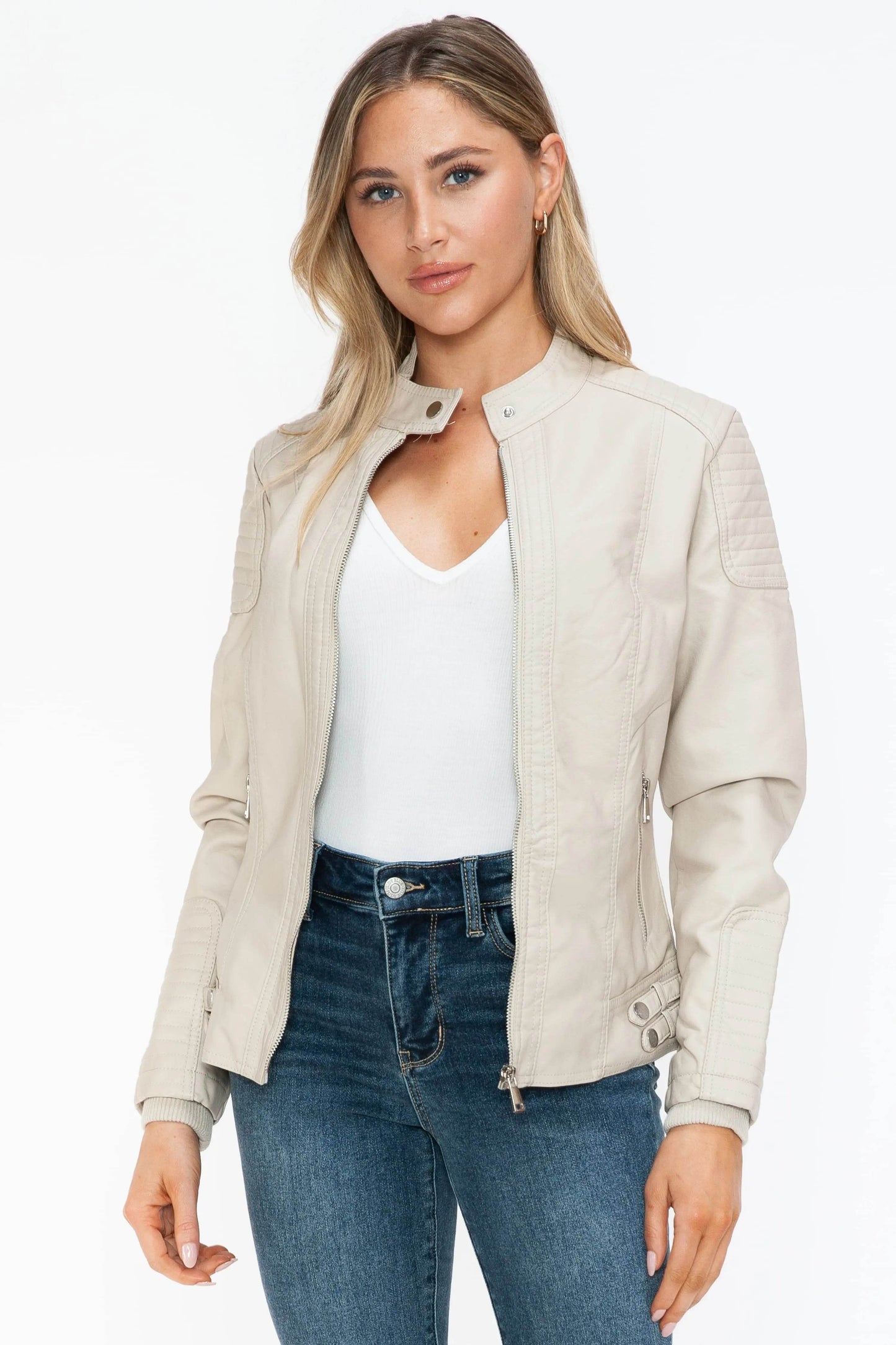 Snobbish Faux Leather Biker Jacket with Side Zip Pockets - Velveta Studio