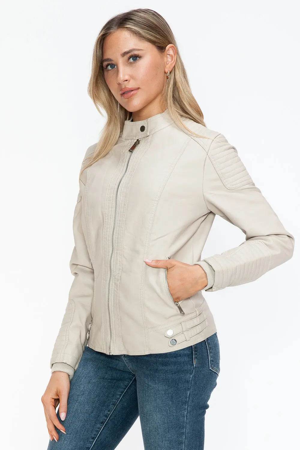 Snobbish Faux Leather Biker Jacket with Side Zip Pockets - Velveta Studio