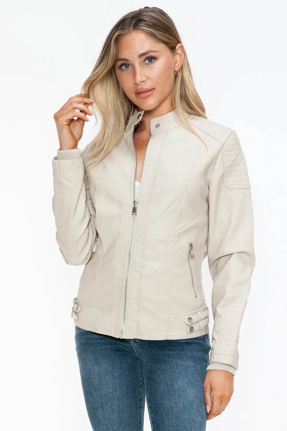 Snobbish Faux Leather Biker Jacket with Side Zip Pockets - Velveta Studio