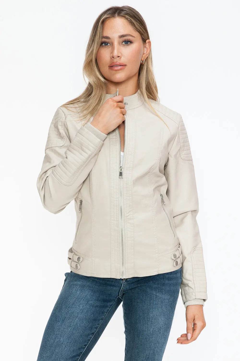 Snobbish Faux Leather Biker Jacket with Side Zip Pockets - Velveta Studio