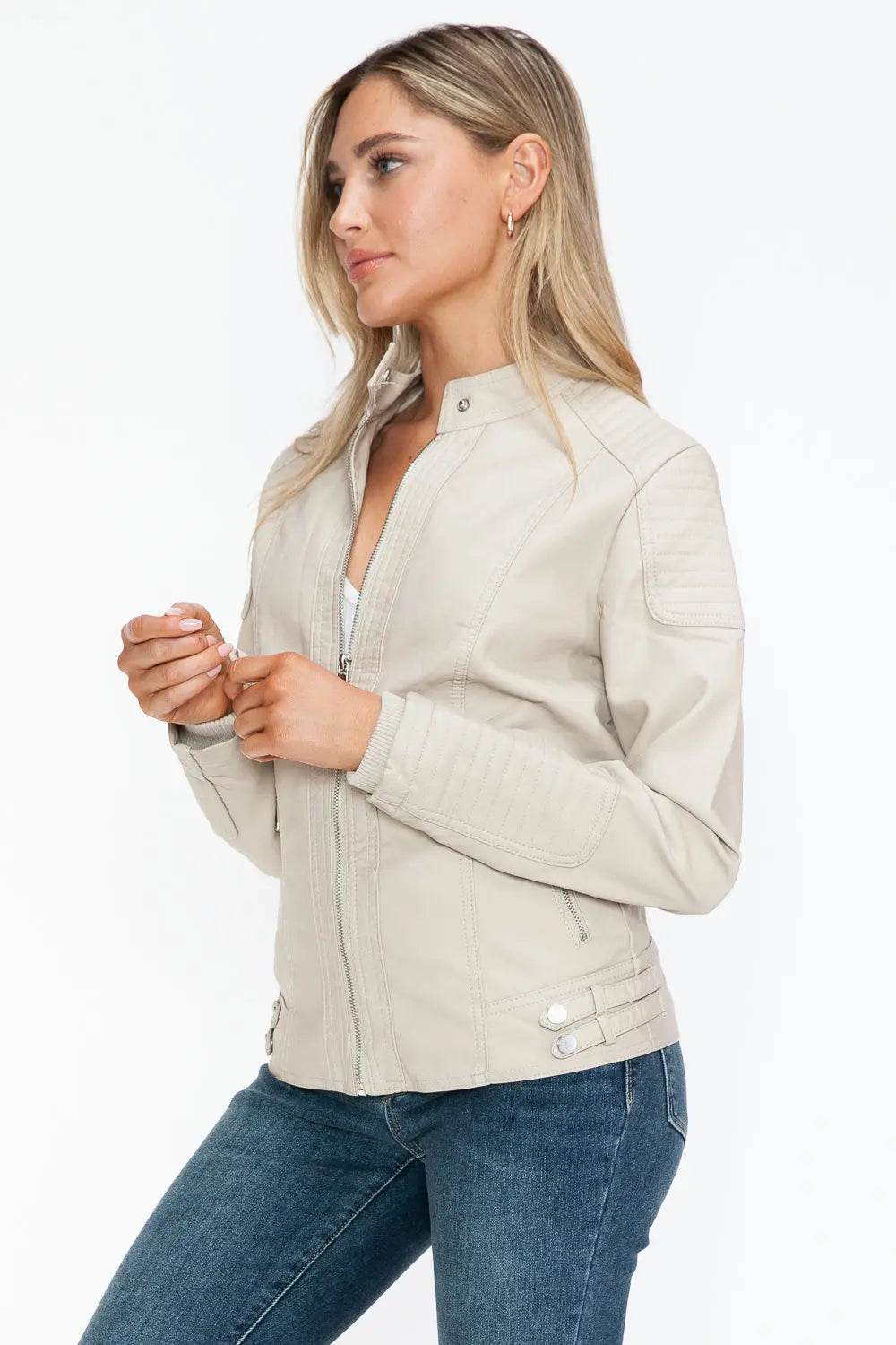 Snobbish Faux Leather Biker Jacket with Side Zip Pockets - Velveta Studio