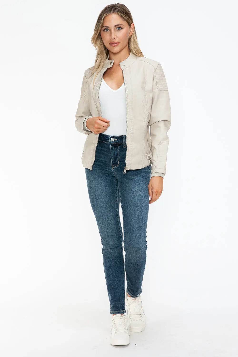 Snobbish Faux Leather Biker Jacket with Side Zip Pockets - Velveta Studio