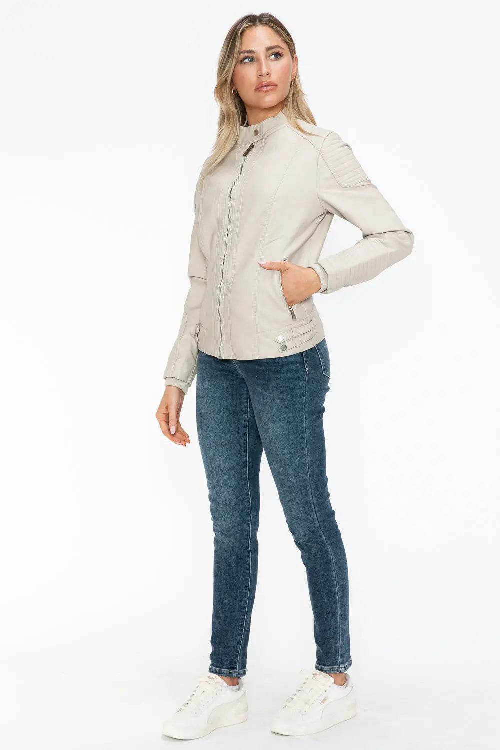 Snobbish Faux Leather Biker Jacket with Side Zip Pockets - Velveta Studio