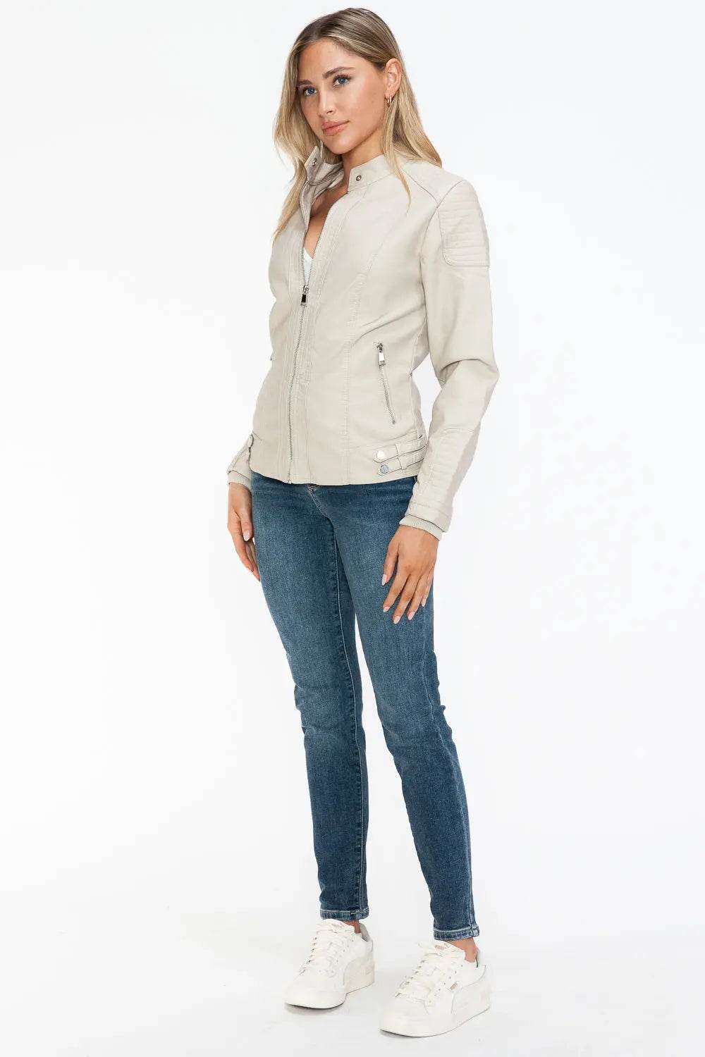 Snobbish Faux Leather Biker Jacket with Side Zip Pockets - Velveta Studio