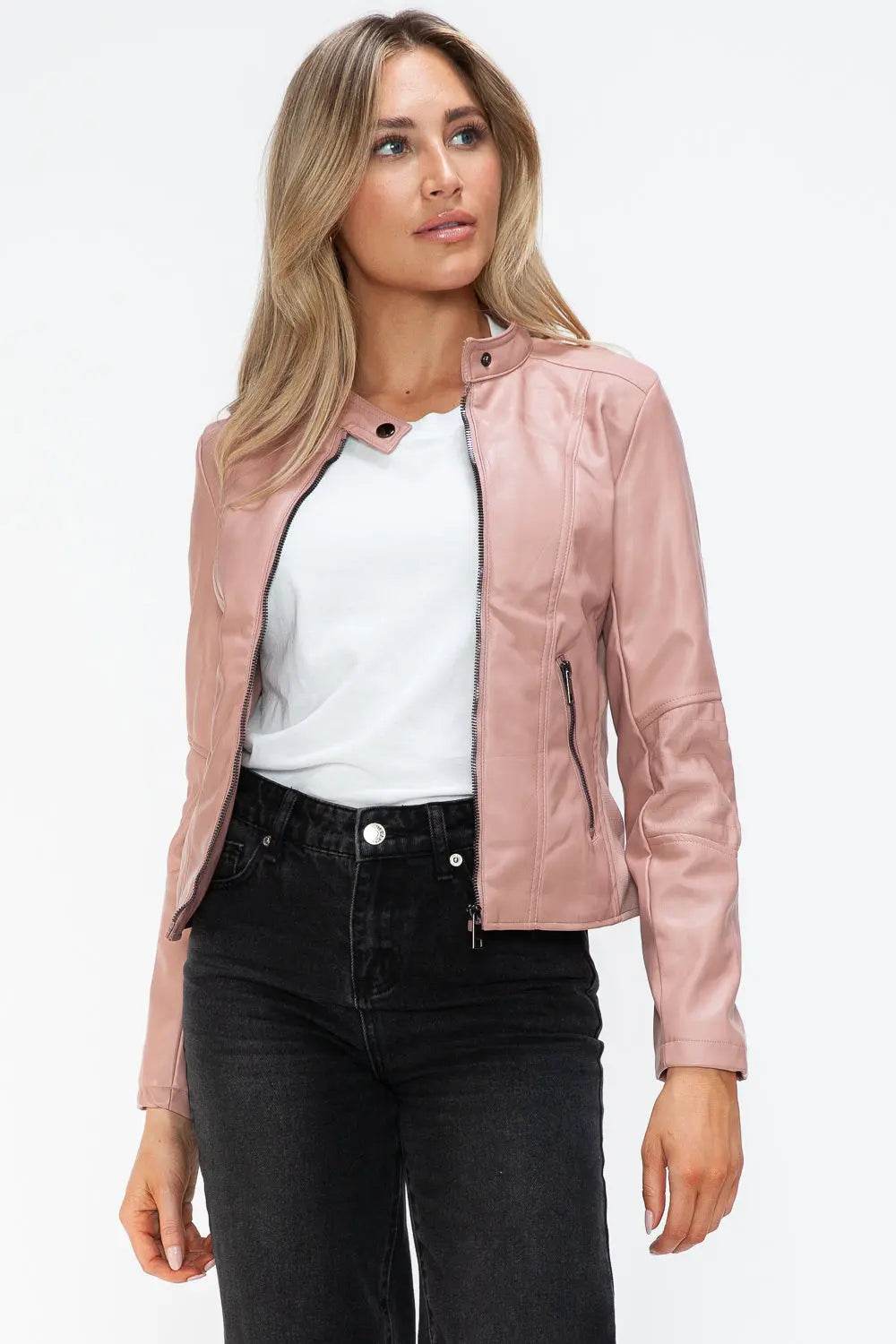 Snobbish Faux Leather Zip Up Drawstring Hooded Jacket - Velveta Studio