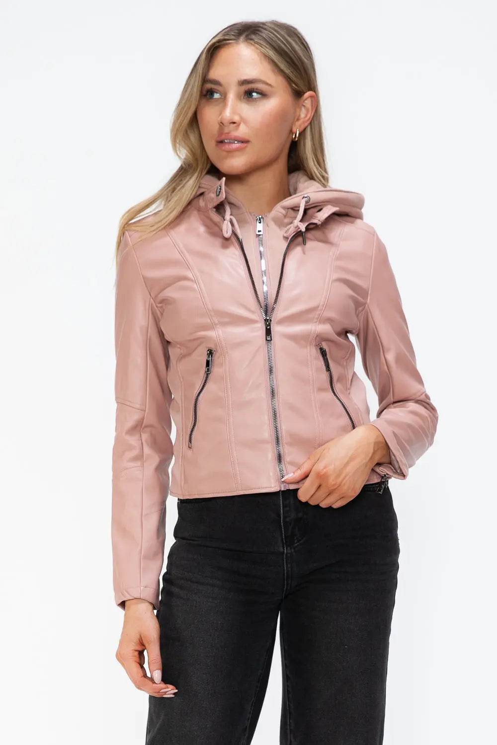 Snobbish Faux Leather Zip Up Drawstring Hooded Jacket - Velveta Studio