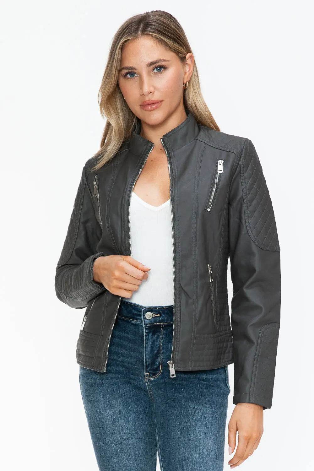 Snobbish Faux Leather Zip Up Mock Neck Jacket - Velveta Studio
